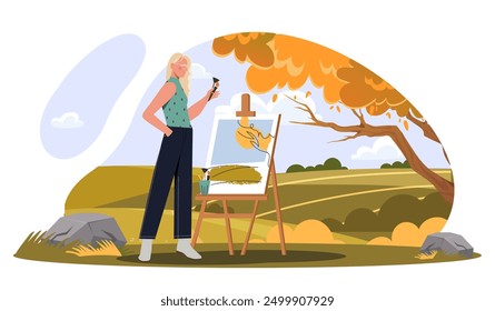 Künstlergemälde auf Leinwand. Frau mit Pinsel steht in der Nähe von Leinwand und malt schöne Naturlandschaft und Landschaft. Kreativität und Kunst. Flache Vektorgrafik einzeln auf weißem Hintergrund