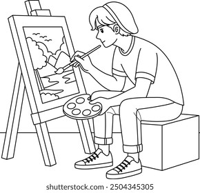 Artist Painting on an Easel Outline Coloring Page. Labor Day Hand Drawn Clip art