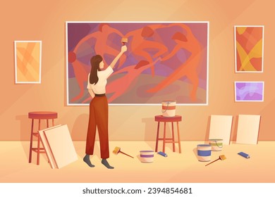 Artist painting picture with paints on wall of art studio vector illustration. Cartoon woman drawing creative abstract picture with brush, interior of craftsmans workplace with exhibition of paintings