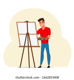 Artist painting picture vector illustration. Smiling man in apron holding palette cartoon character. Professional painter creating masterpiece, working with easel. Art workshop isolated design element