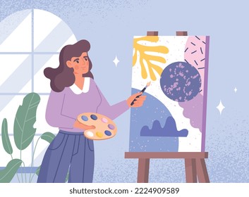 Artist painting picture. Woman with brush, abstract creativity or art. Creative personality at work. Poster or banner. Skill development, education and training. Cartoon flat vector illustration