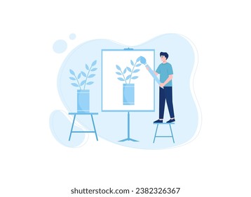 Artist painting a plant trending concept flat illustration