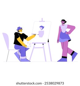 Artista Pintura Retrato Em Vetor Plano Ilustração Simbolizando Criatividade, Arte E Talento, Isolado No Fundo Branco