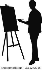 Artist Painting Silhouette on White Background, Vector Illustration.