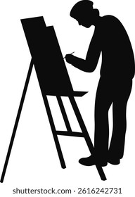 Artist Painting Silhouette on White Background, Vector Illustration.