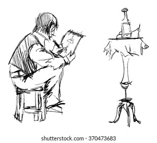 An artist painting a still life. Vector sketch.