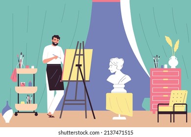 Artist painting studio with indoor view of man drawing on easel with sculpture curtains and furniture vector illustration