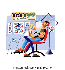 Artist painting tattoo on manʼs arm in salon. Girl doing tattoo on guy sitting on couch, tattooist working on sleeve. Vintage style pattern vector illustration. Retro studio interior design.