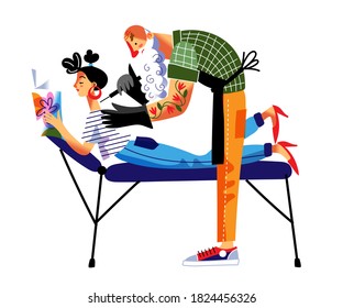 Artist painting tattoo on girlʼs neck in salon. Man doing tattoo on woman lying on couch and reading magazine, tattooist working at retro studio. Vintage style pattern vector illustration.