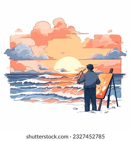 An artist painting a vibrant sunset on the seaside, vector illustration