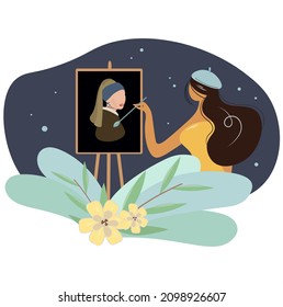 The artist paints a girl with an earring on canvas. A creative woman in large leaves learns to paint pictures of famous artists. Work and study at home, freelancer. Vector cartoon flat illustration.