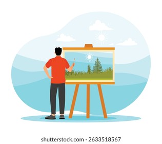 An artist paints a landscape featuring trees and bright sunlight, showing an appreciation for nature and creative art in sunny weather conditions. Drawing concept.