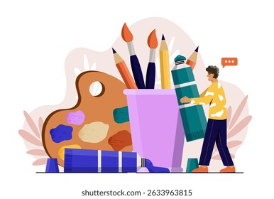 Artista com tintas. Homem perto de tintas, pincéis e paleta. Equipamento para artistas talentosos. Criatividade e arte. Pintor em estúdio ou oficina. Ilustração de vetor plano