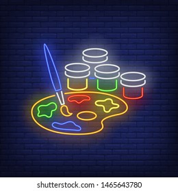 Artist paints neon sign. Watercolor, palette, paintbrush, gouache. Back to school concept. Vector illustration in neon style, glowing element for topics like art school, creativity, hobby