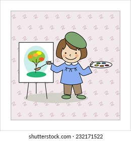 The artist paints on canvas paints
