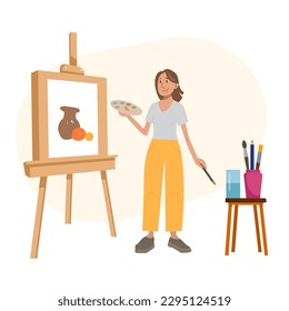 The artist paints on an easel. Flat vector illustration.