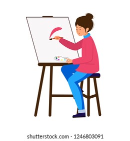 The artist paints a picture, holding a brush and palette. The girl sits on a stool at the easel and paints. A young woman in the open air engaged in fine arts. Vector illustration.