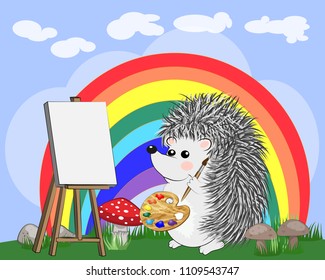 Artist paints a picture of landscape in the nature. Plein Air. Vector illustration in a flat style