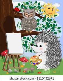 Artist paints a picture of landscape in the nature. Plein Air. Vector illustration in a flat style