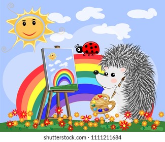 Artist paints a picture of landscape in the nature. Plein Air. Vector illustration in a flat style