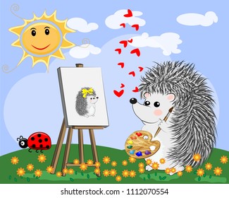 Artist paints a picture of landscape in the nature. Vector illustration in a flat style