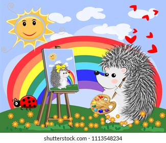 Artist paints a picture of landscape in the nature. Plein Air. Vector illustration in a flat style