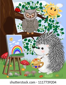 Artist paints a picture of landscape in the nature. Plein Air. Vector illustration in a flat style