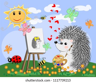 Artist paints a picture of landscape in the nature. Plein Air. Vector illustration in a flat style