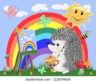 Artist paints a picture of landscape in the nature. Plein Air. Vector illustration in a flat style