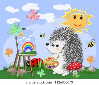 Artist paints a picture of landscape in the nature. Plein Air. Vector illustration in a flat style
