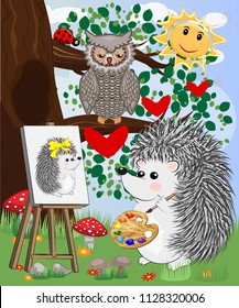 Artist paints a picture of landscape in the nature. Plein Air. Vector illustration in a flat style