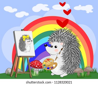 Artist paints a picture of landscape in the nature. Plein Air. Vector illustration in a flat style