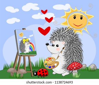 Artist paints a picture of landscape in the nature. Plein Air. Vector illustration in a flat style