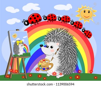 Artist paints a picture of landscape in the nature. Plein Air. Vector illustration in a flat style