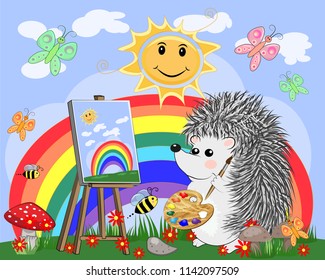 Artist paints a picture of landscape in the nature. Plein Air. Vector illustration in a flat style