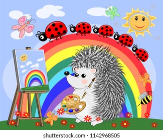 Artist paints a picture of landscape in the nature. Plein Air. Vector illustration in a flat style