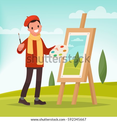 Artist paints a picture of landscape in the nature. Plein Air. Vector illustration in a flat style