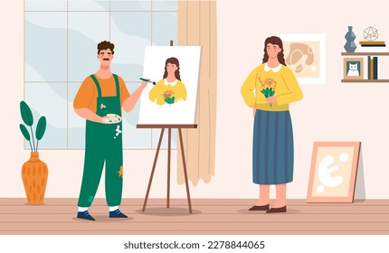 Artist paints portrait. Man with brush with pencil stands near canvas and looks at young girl with flowers. Creative person and model in workshop. Creativity and art. Cartoon flat vector illustration