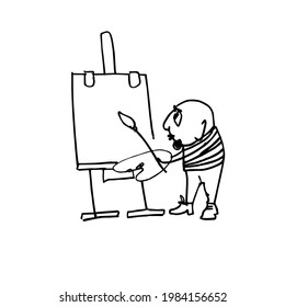 An artist with a palette and brush stands in front of an easel. Sketch. Hand-drawn funny character. Caricature. Vector illustration