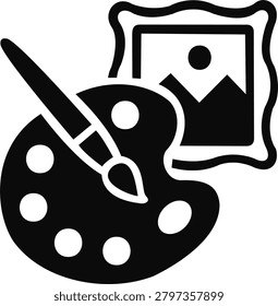 Artist palette brush tools digital nft creation icon illustrating painting generation process non-fungible token authorship creative workshop and artwork design development
