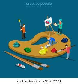 Artist palette flat 3d isometry isometric art concept web vector illustration. Huge color palette and painter painting picture on easel. Creative people collection.