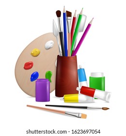 Artist palette with tools for painting, vector illustration. Realistic brushes, paint tubes, knives and pencils on white background. Art supplies composition for poster, banner, card etc.