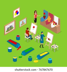 Artist Palette Workplace Interior Concept 3d Isometric View with Drawing People at Easel. Vector illustration of Art Service