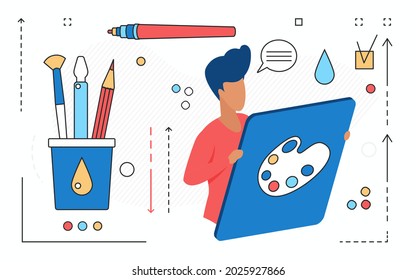 Artist people work on creative art idea project in art studio vector illustration. Cartoon designer freelance character holding digital tablet to draw with tools for graphic creative design overhead