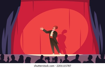 Artist perfomance cartoon scene with male singer in classical costume on stage vector illustration