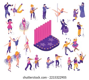 Artist performance isometric set with pole and break dancing musical band ballet dancers magician standup comedian singers theatre actors isolated vector illustration