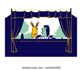 Artist Performing Puppet Show with Hand Toys in Kindergarten or in Theater. Performance for Children, Happy Family Recreation and Amusement Spare Time. Cartoon Flat Vector Illustration, Line Art