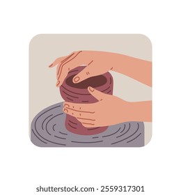 Artist persons hands making clay vase, pot on pottery wheel. Pottery hand made hobby workshop craft. Handcrafted ceramics, creative pottery hobby. Vector flat illustration