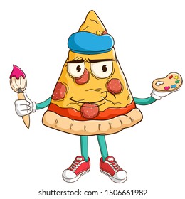 Artist of pizza slice cartoon character holding a paintbrush and palette with funny smile face