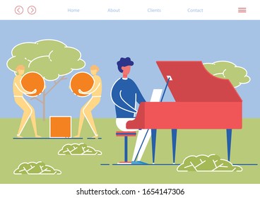 Artist Playing Piano Outside Art Gallery Flat Cartoon Vector Illustration. Musician Character Playing Classic Instrument Landing Page. Statues Holding Round Objects, Cube on Grass Website.